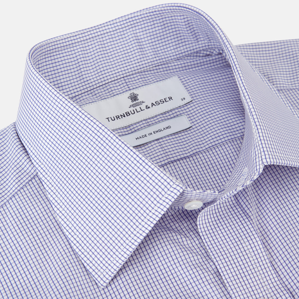 Blue Grid Check Shirt with T&amp;A Collar and Double Cuffs