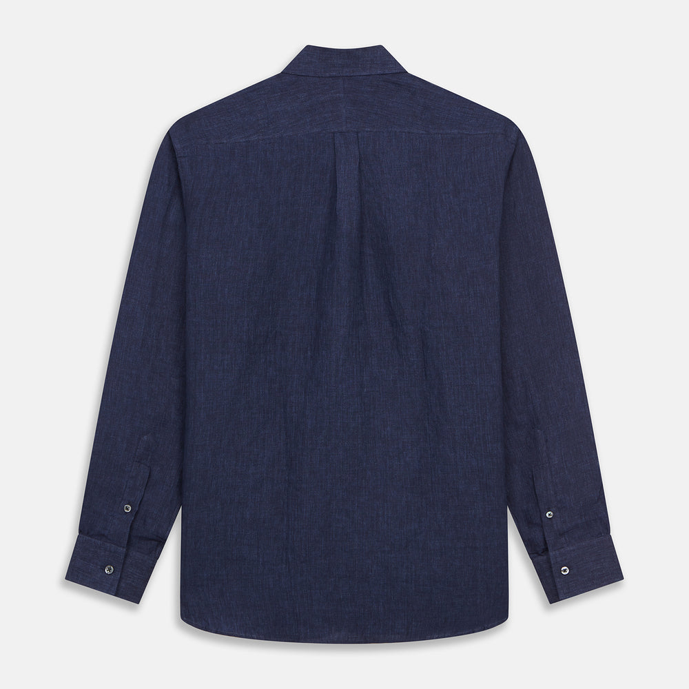 Navy Weekend Fit Linen Finch Shirt With Derby Collar And Chest Pocket