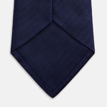 Long Navy Herringbone Silk Tie Image 3