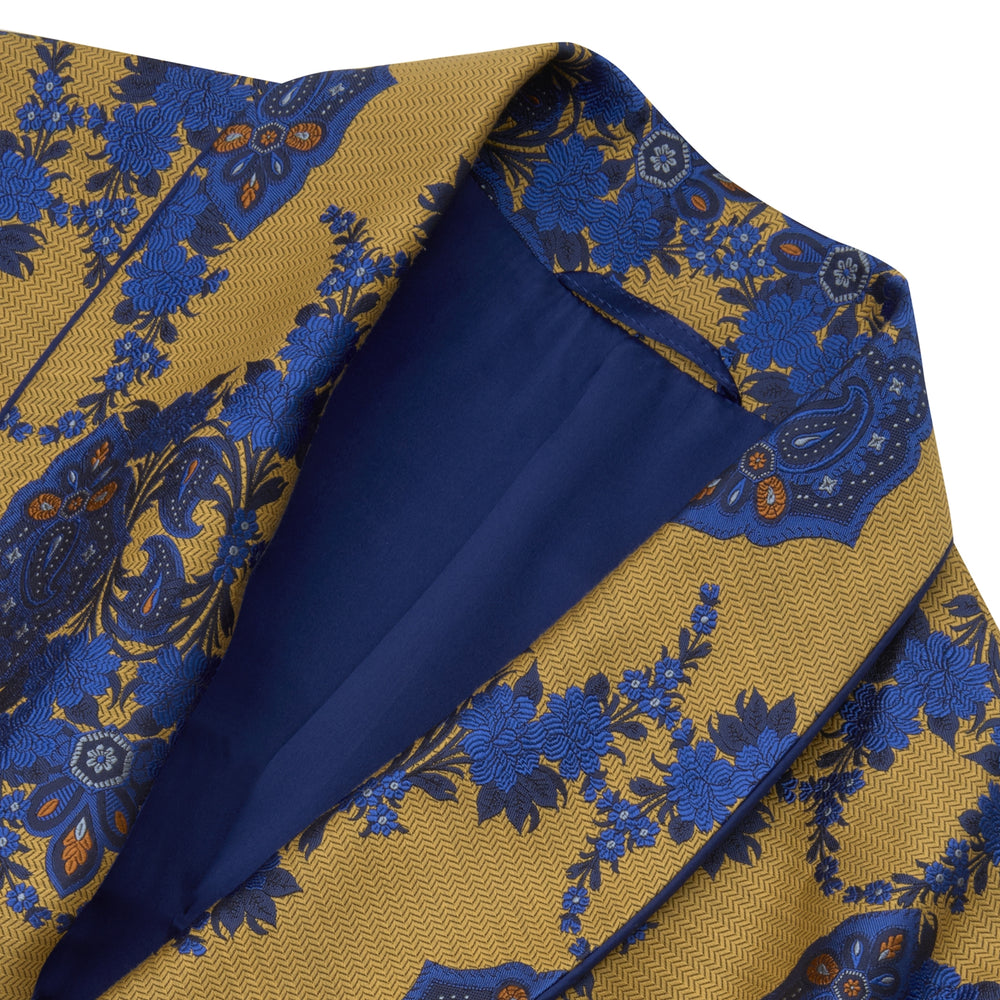 Yellow and Blue Floral Herringbone Silk Gown