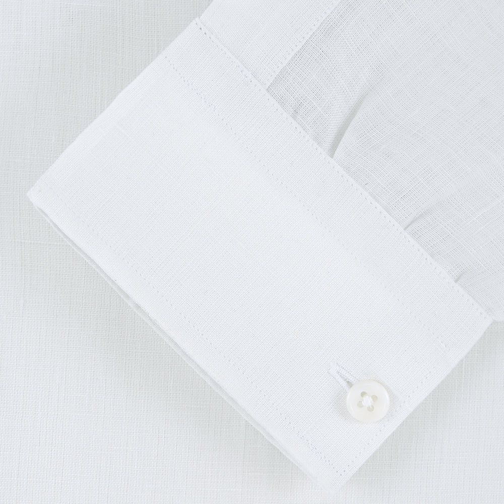 Weekend Fit Cream Linen Shirt with Stand Collar and 1-Button Cuff