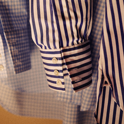 Weekend Fit Blue Stripe Cotton Shirt with Dorset Collar and 1-Button Cuffs Image 1