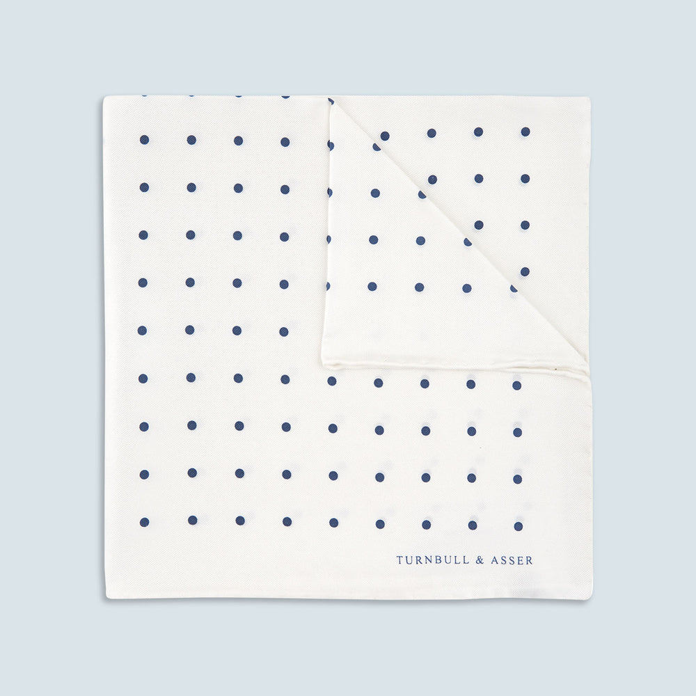 White and Navy Spot Silk Pocket Square