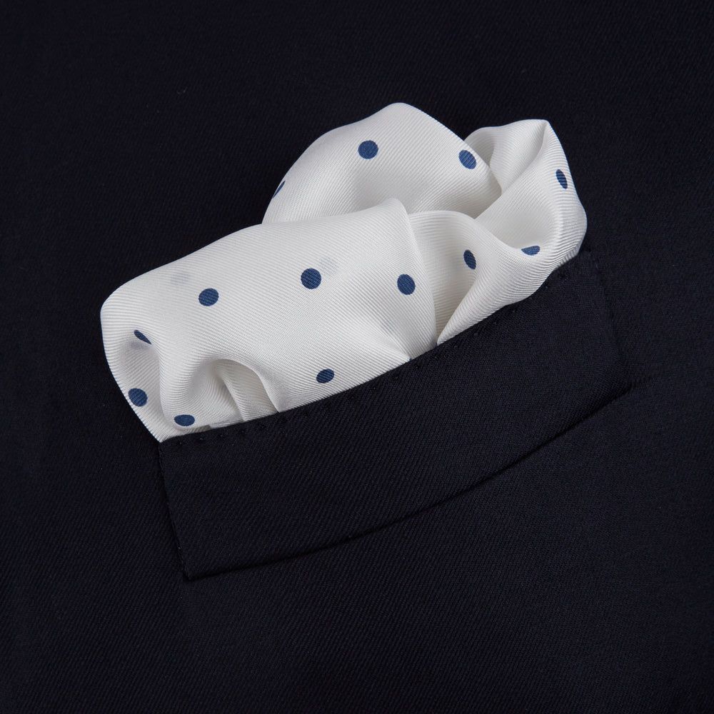 White and Navy Spot Silk Pocket Square