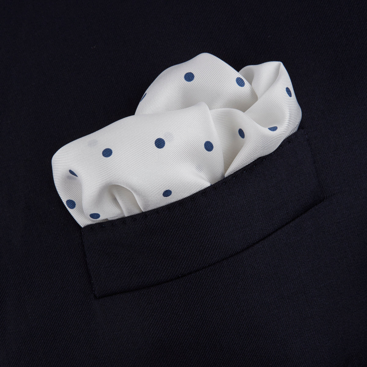 View 4 of product White and Navy Spot Silk Pocket Square