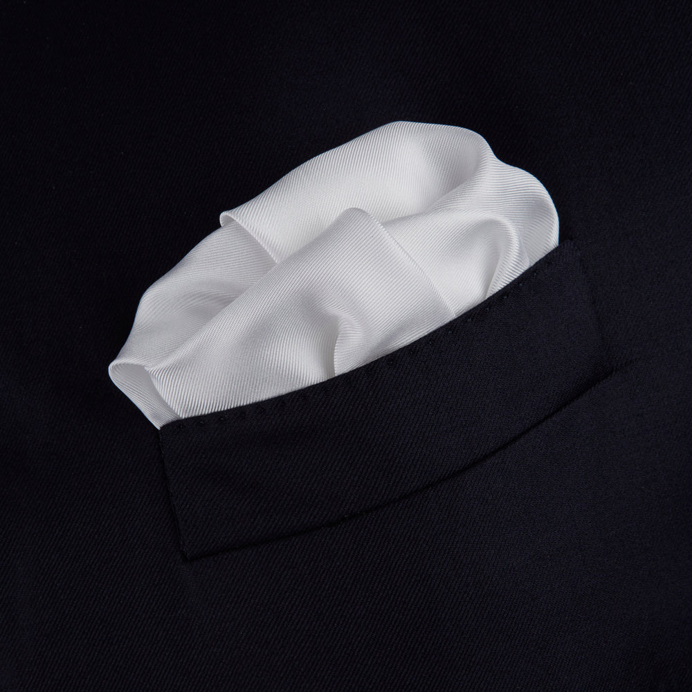 White and Navy Piped Silk Pocket Square