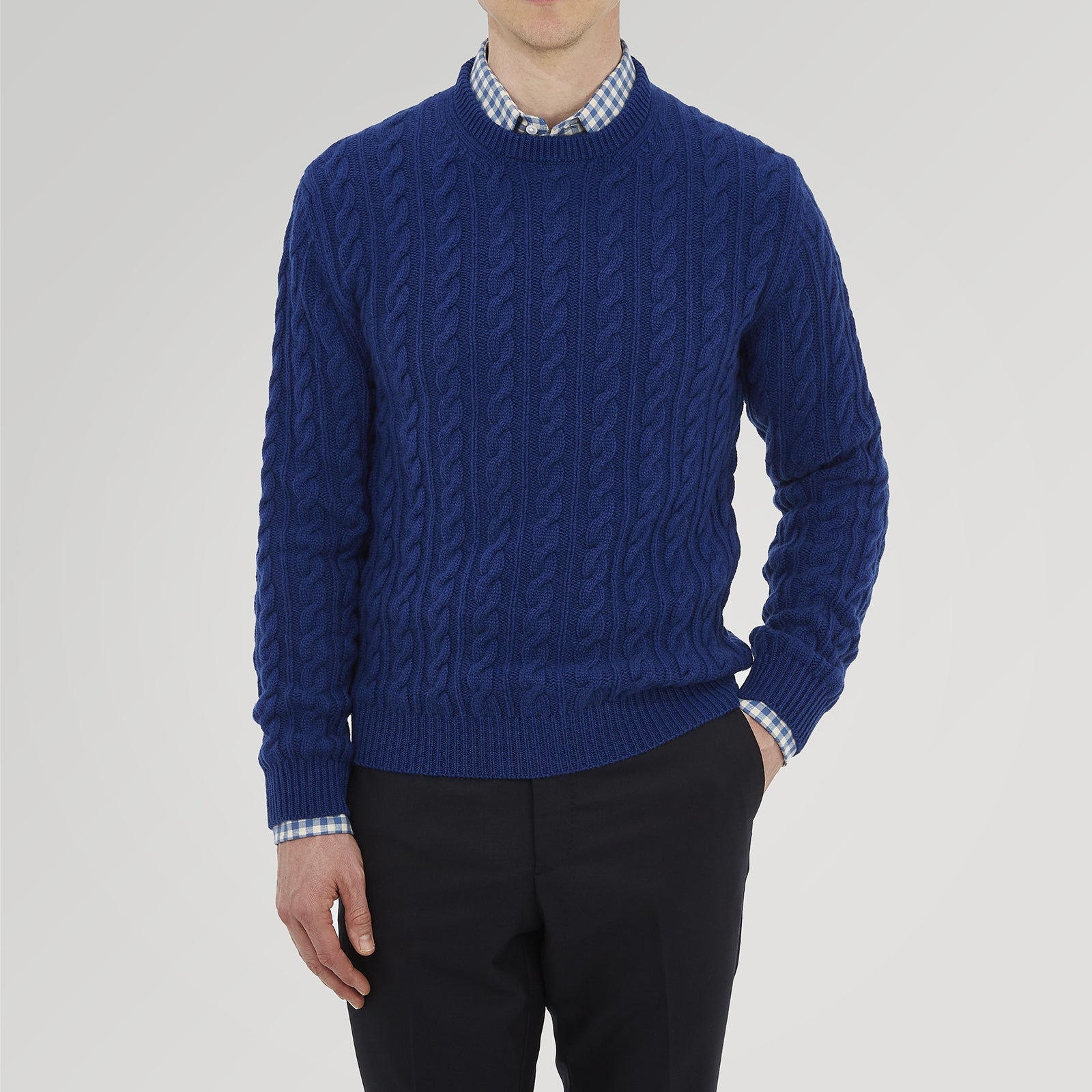 View 2 of product Blue Crew Neck Cable Knit Cashmere Jumper
