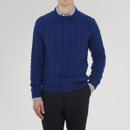 Blue Crew Neck Cable Knit Cashmere Jumper Image 1