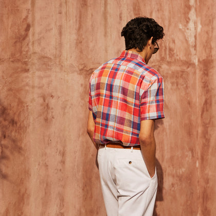 Red Madras Check Weekend Fit Short Sleeve Linen Shirt with Dorset Collar Image 2