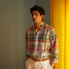 View 2 of product Red and Teal Madras Check Weekend Fit Linen Shirt with Stand Collar and 1-Button Cuff
