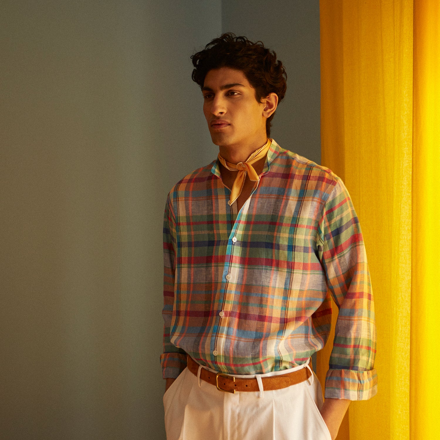 View 2 of product Red and Teal Madras Check Weekend Fit Linen Shirt with Stand Collar and 1-Button Cuff