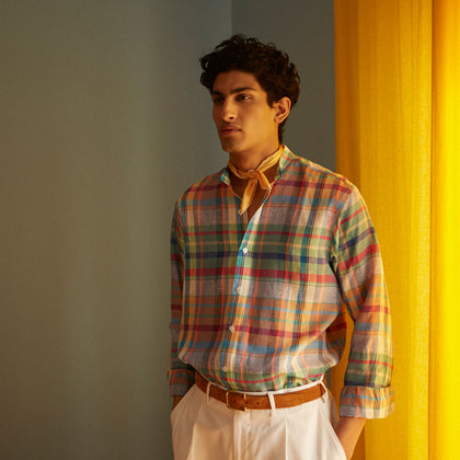 Red and Teal Madras Check Weekend Fit Linen Shirt with Stand Collar and 1-Button Cuff Image 1