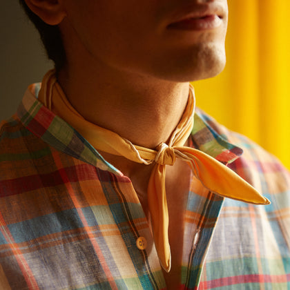 Red and Teal Madras Check Weekend Fit Linen Shirt with Stand Collar and 1-Button Cuff Image 3