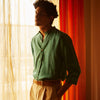 View 2 of product Teal Weekend Fit Long Sleeve Linen Shirt with Stand Collar and 1-Button Cuff