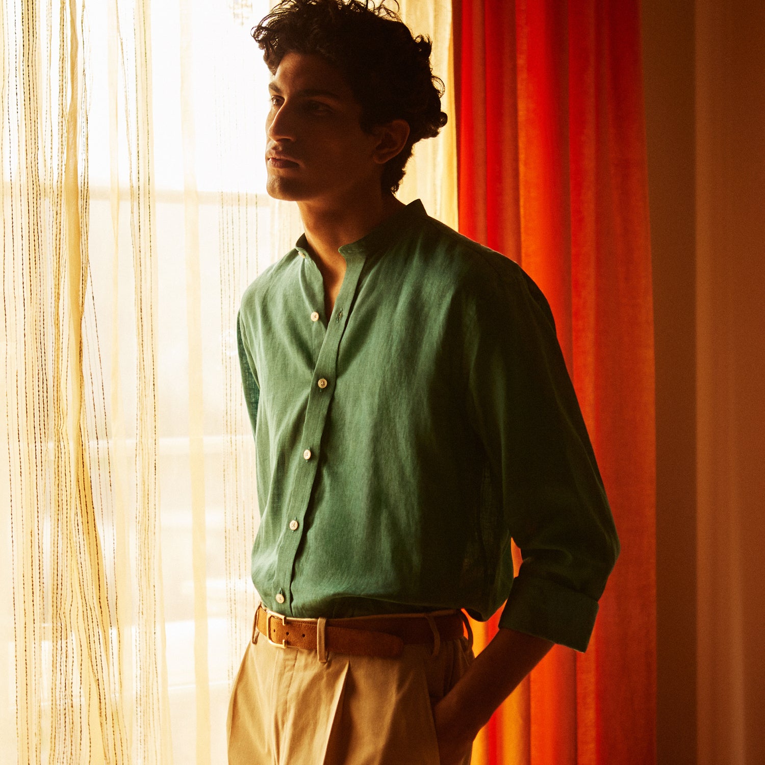 View 2 of product Teal Weekend Fit Long Sleeve Linen Shirt with Stand Collar and 1-Button Cuff