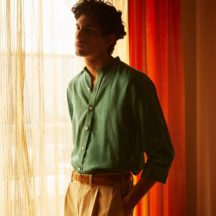 Teal Weekend Fit Long Sleeve Linen Shirt with Stand Collar and 1-Button Cuff Image 1