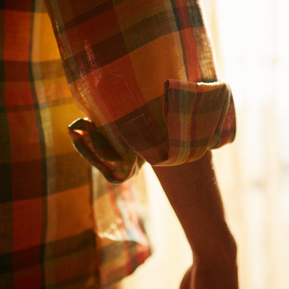 Orange Madras Check Holiday Fit Long Sleeve Linen Shirt with Revere Collar and 1-Button Cuff Image 2