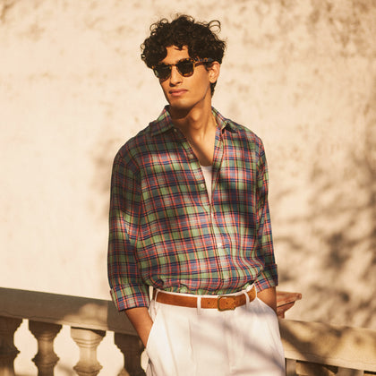 Green and Red Madras Check Weekend Fit Linen Shirt with Derby Collar and 1-Button Cuff Image 1