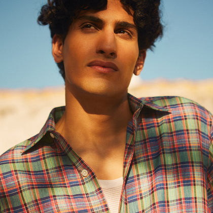 Green and Red Madras Check Weekend Fit Linen Shirt with Derby Collar and 1-Button Cuff Image 2