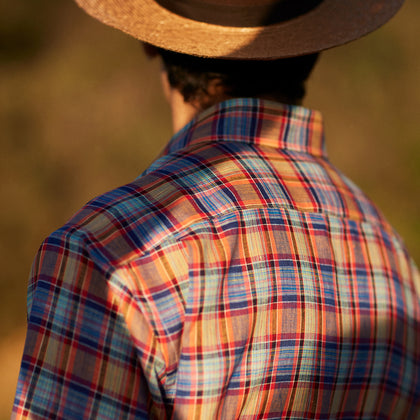 Blue and Orange Madras Check Weekend Fit Short Sleeve Linen Shirt with Dorset Collar Image 1