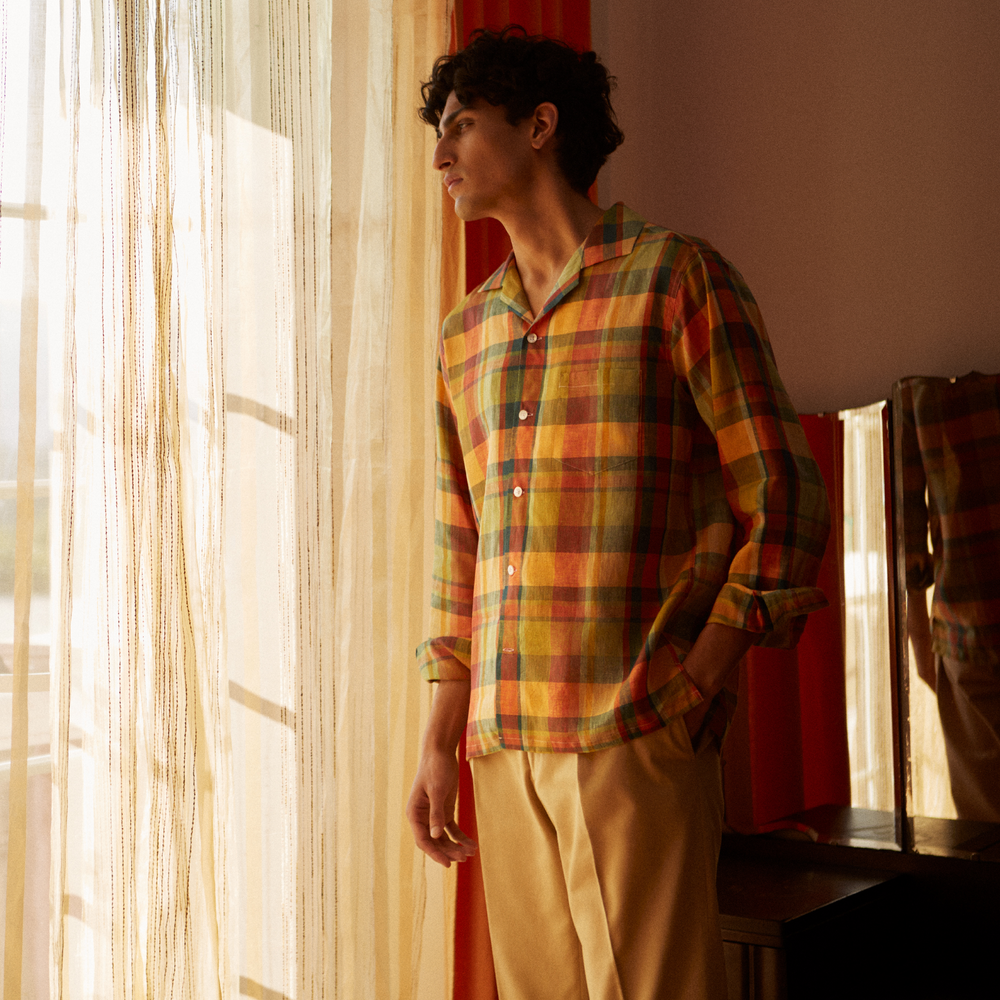 Orange Madras Check Holiday Fit Long Sleeve Linen Shirt with Revere Collar and 1-Button Cuff
