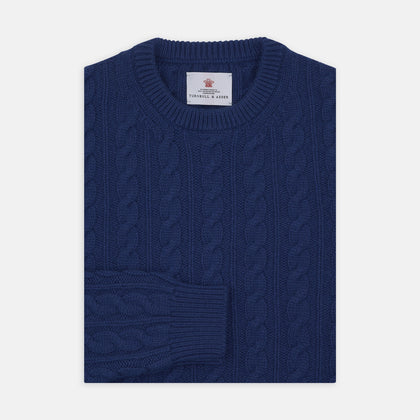 Blue Crew Neck Cable Knit Cashmere Jumper