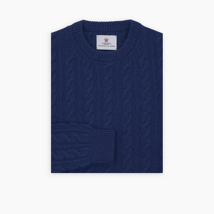 Blue Crew Neck Cable Knit Cashmere Jumper Image 4