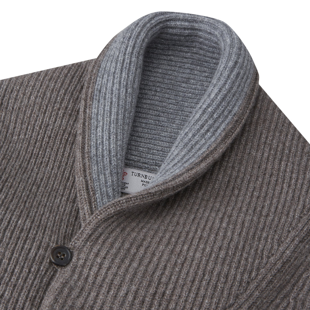 Taupe and Mid-Grey Shawl Collar Cashmere Jumper