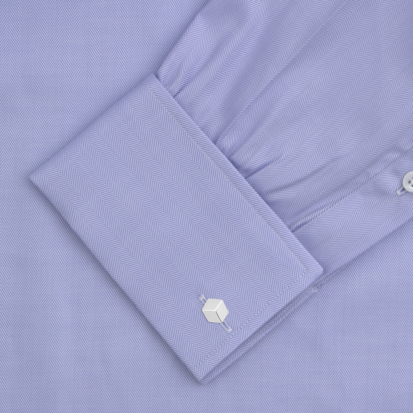 View 4 of product Light Blue Herringbone Sea Island Quality Cotton Shirt with T&A Collar and Double Cuffs