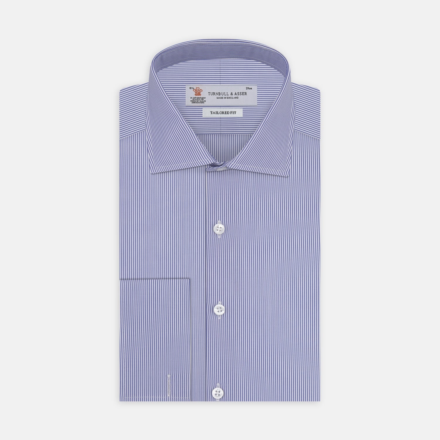View 1 of product Tailored Fit Blue Fine Bengal Stripe Cotton Shirt with Kent Collar and Double Cuffs