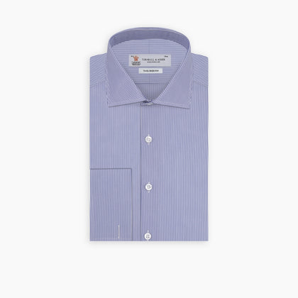 Tailored Fit Blue Fine Bengal Stripe Cotton Shirt with Kent Collar and Double Cuffs Image 4