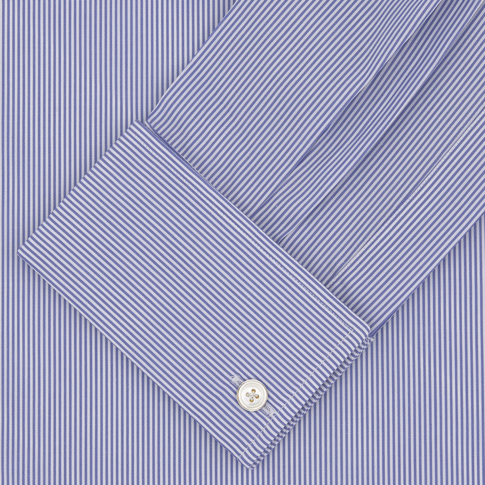 Tailored Fit Blue Fine Bengal Stripe Cotton Shirt with Kent Collar and Double Cuffs