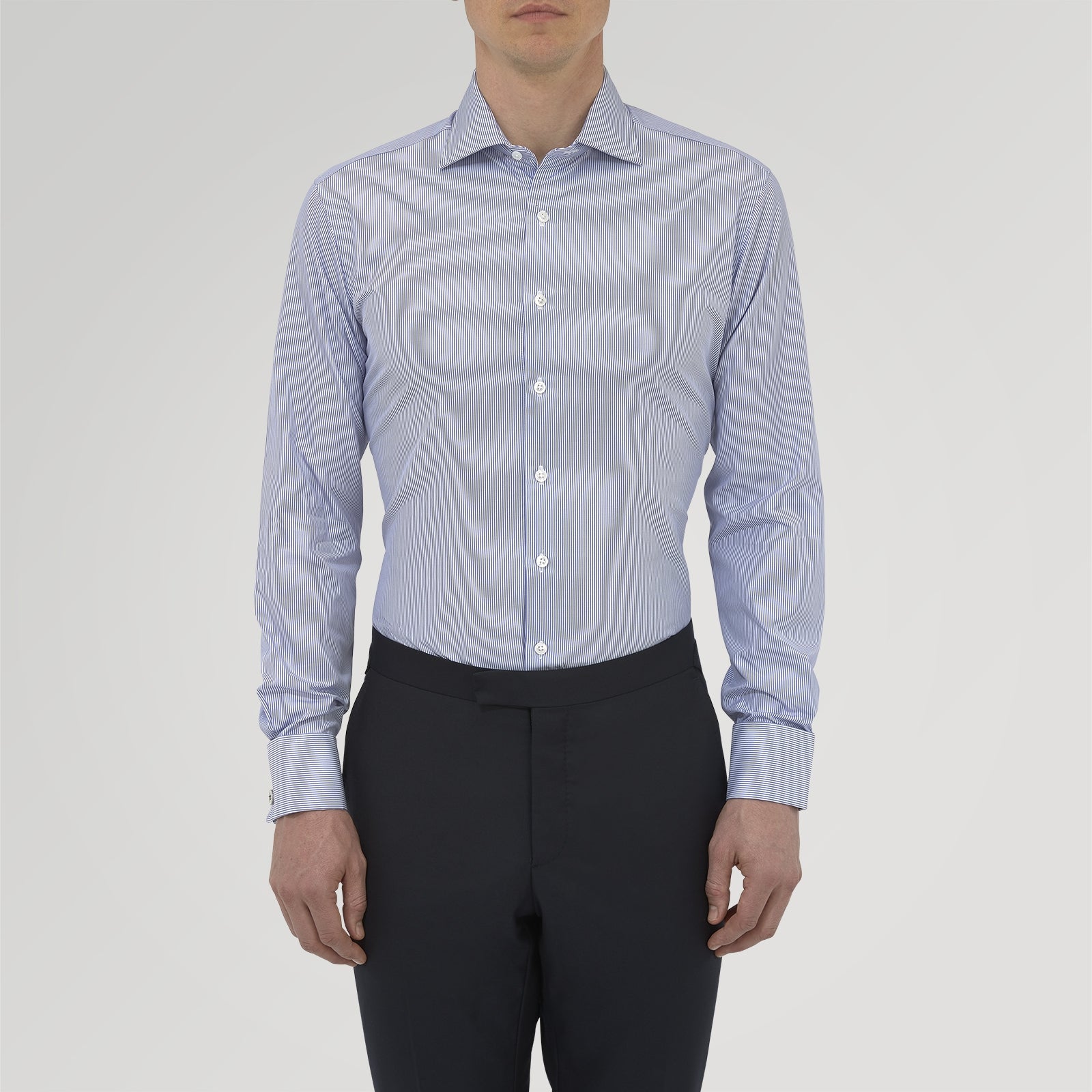 View 2 of product Tailored Fit Blue Fine Bengal Stripe Cotton Shirt with Kent Collar and Double Cuffs