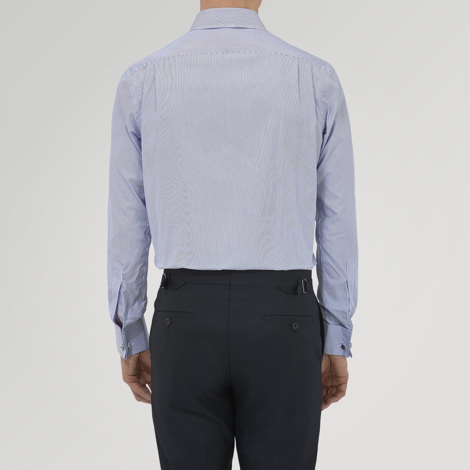 View 3 of product Tailored Fit Blue Fine Bengal Stripe Cotton Shirt with Kent Collar and Double Cuffs
