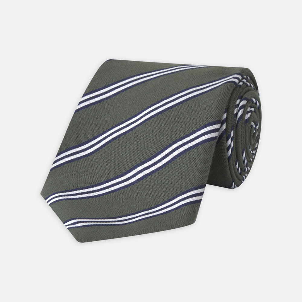 Dark Green Diagonal Stripe Cotton and Silk Tie