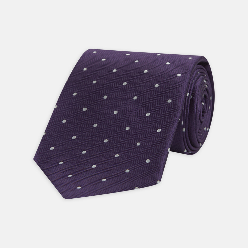 Plum and White Small Spot Herringbone Silk Tie
