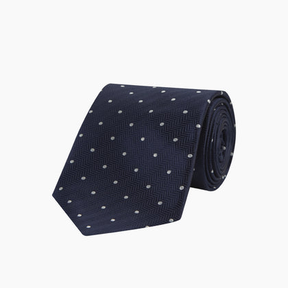Navy and White Small Spot Herringbone Silk Tie Image 4