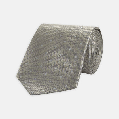 Silver and White Small Spot Herringbone Silk Tie