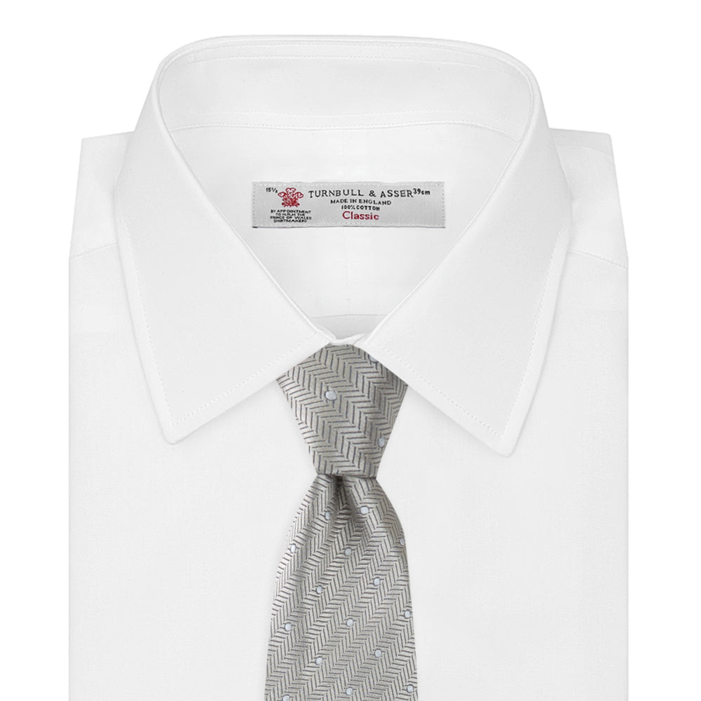 Silver and White Small Spot Herringbone Silk Tie