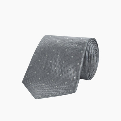 Grey and White Small Spot Herringbone Silk Tie Image 4