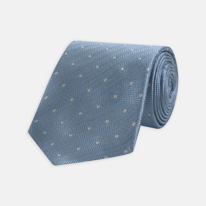 Ice Blue and White Small Spot Herringbone Silk Tie