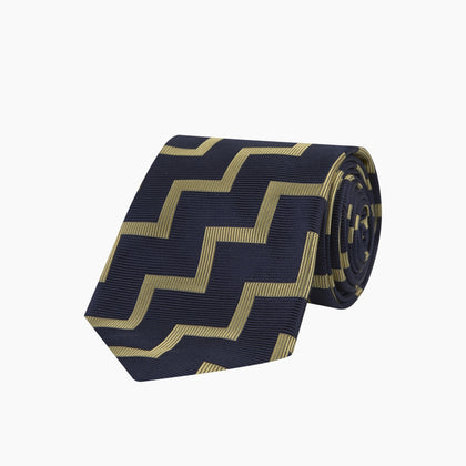 Navy and Gold Striped Zigzag Silk Tie Image 4