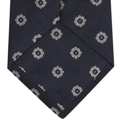 Navy and Silver Emblem Spot Silk Tie Image 3