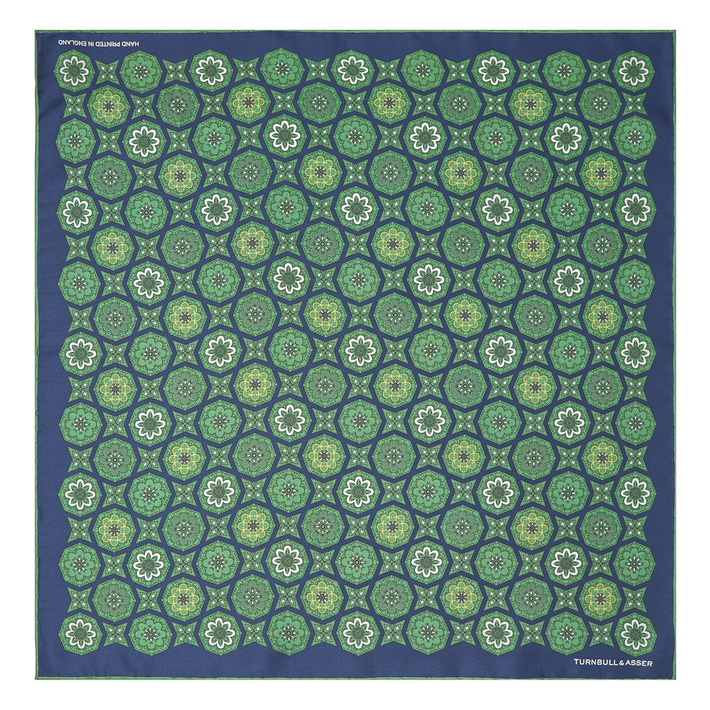 Green and Navy Floral Medallion Silk Pocket Square