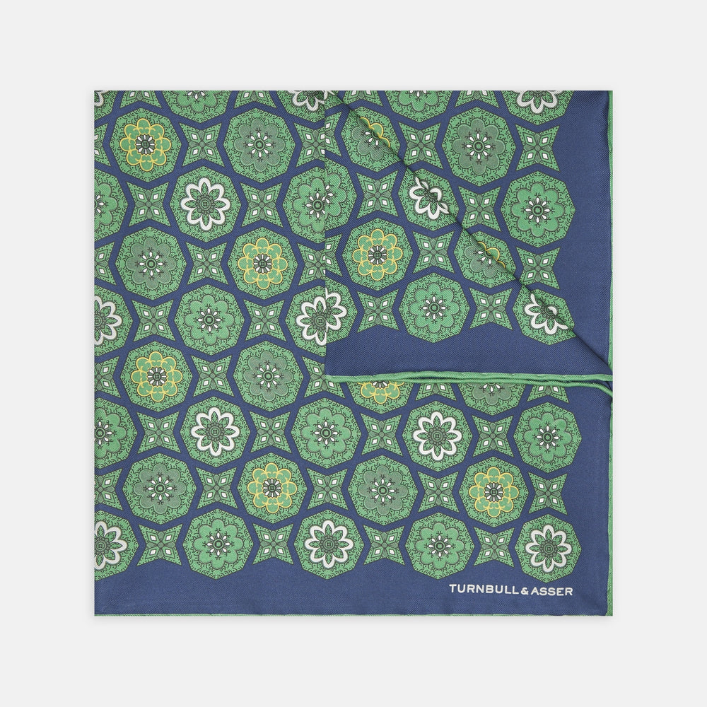 Green and Navy Floral Medallion Silk Pocket Square