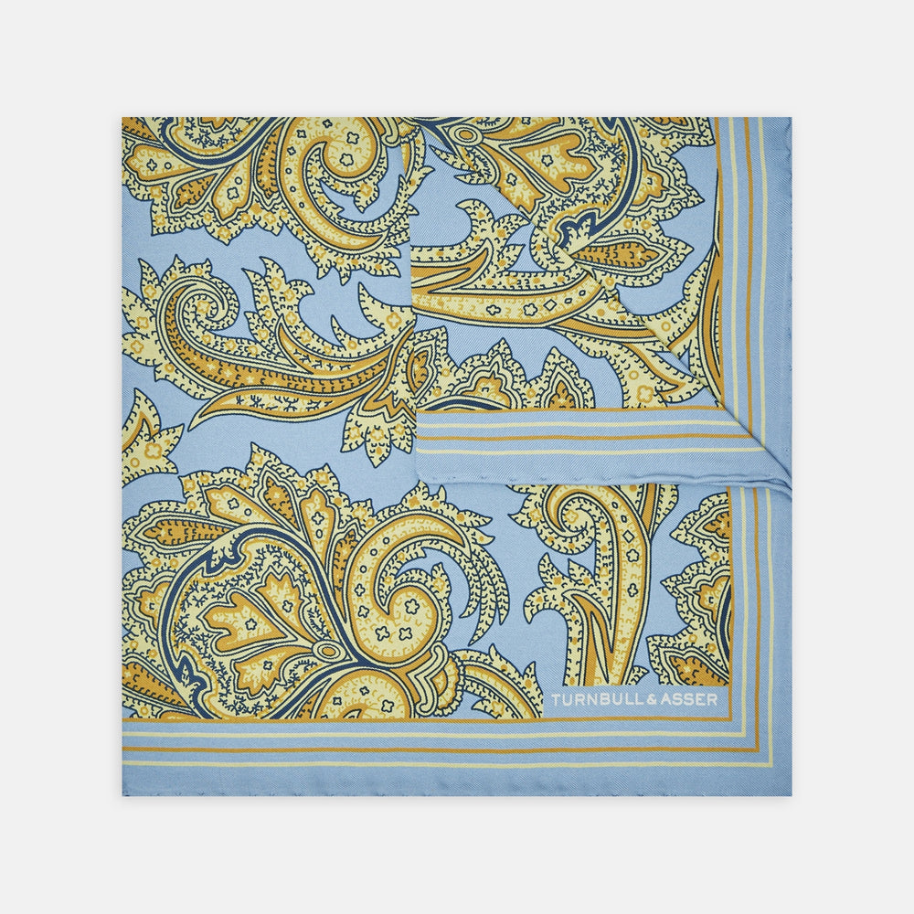 Light Blue and Yellow Large Paisley Silk Pocket Square