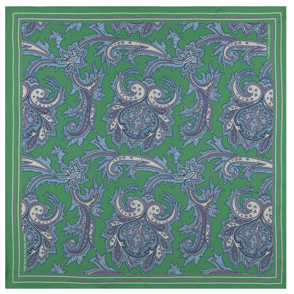 Green and Purple Large Paisley Silk Pocket Square