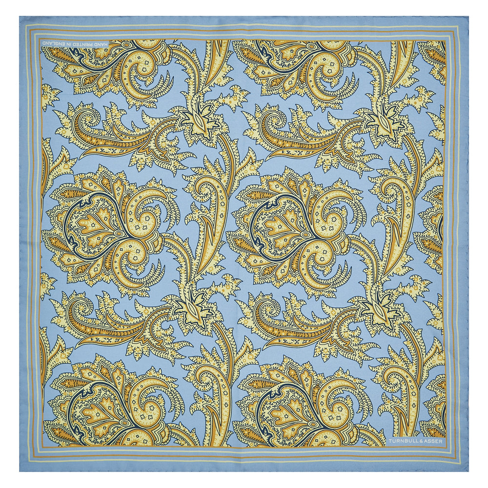 Light Blue and Yellow Large Paisley Silk Pocket Square
