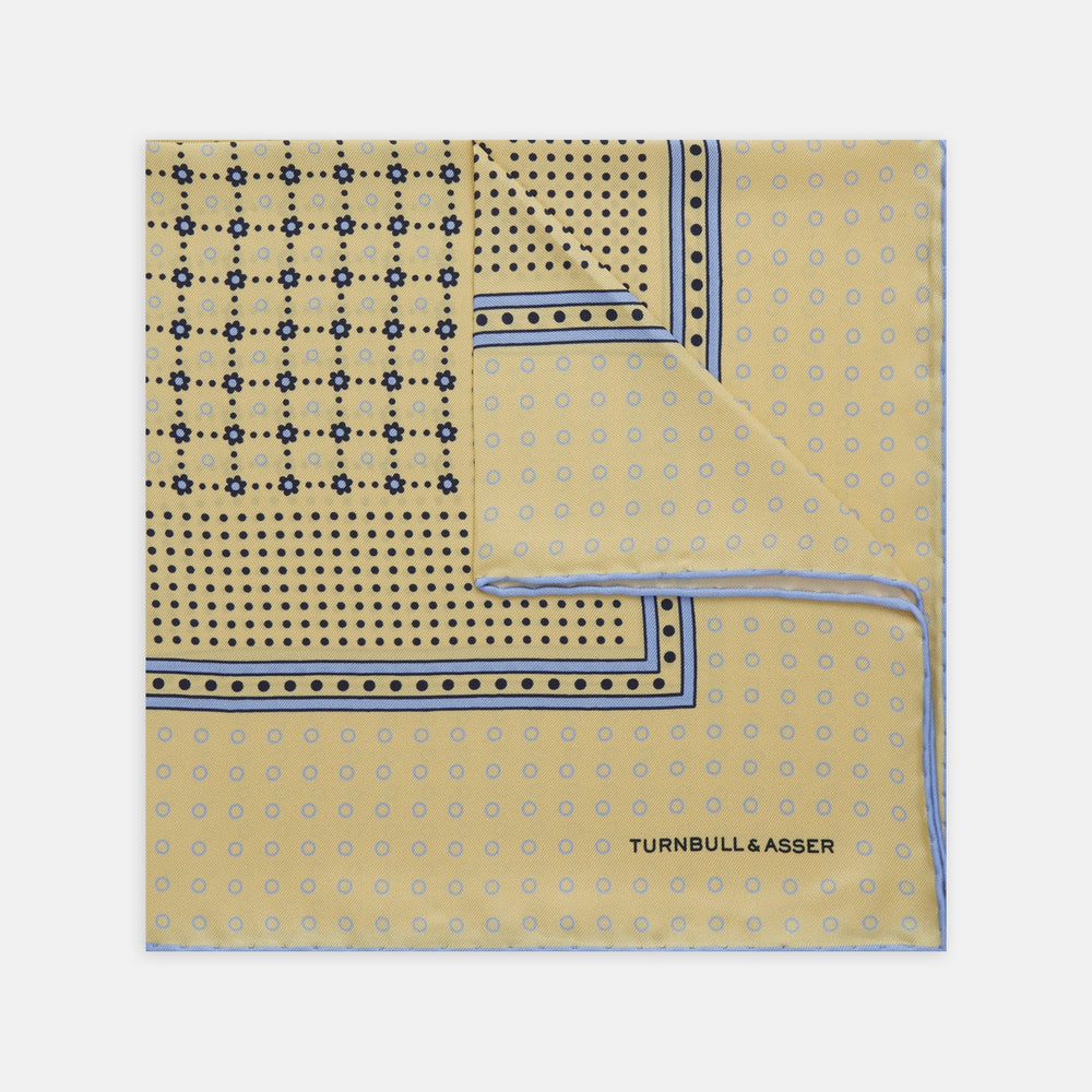 Soft Yellow Dotted Floral Silk Pocket Square