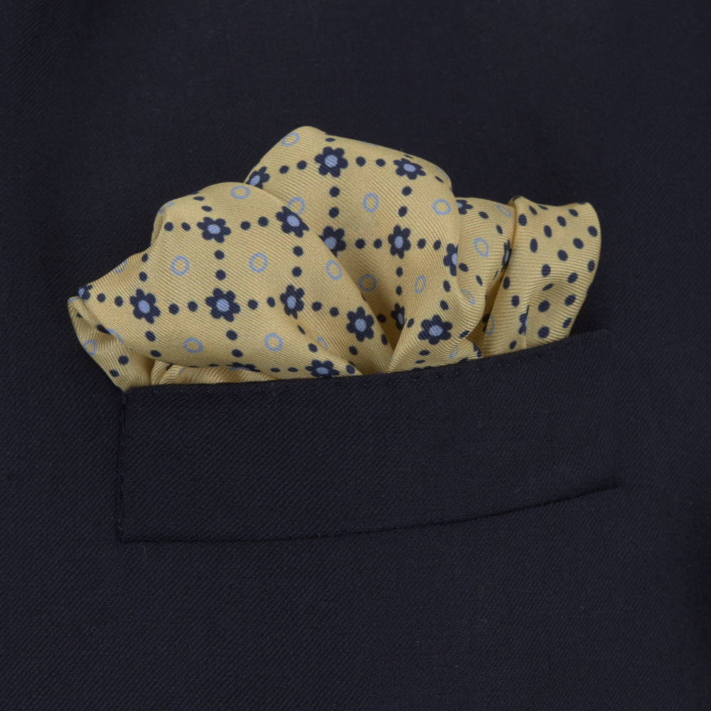 Soft Yellow Dotted Floral Silk Pocket Square